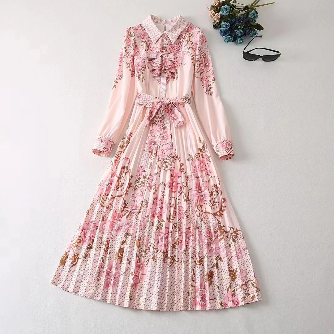 

European and American women's wear for winter 2022 Long-sleeved lapel pink print with peplum edge Fashion pleated dress XXL