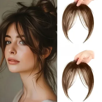 1 confezione di frangia per donna, dall'aspetto naturale per la parte superiore della testa e l'area frontale, capelli sintetici, frangia angolata e arricciata.