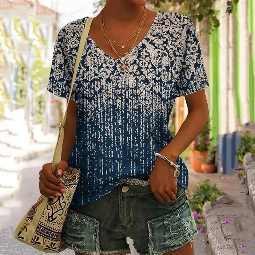 

Gradient T Shirt For Women Striped Print Girls Clothes Summer Casual Short Sleeve Harajuku Sweatshirt V Neck Women Daily Blouse