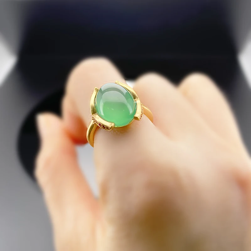 

HOYON Real 18K Pure Gold Coating Ring for Women Imitation Emerald Gems Ring Female Ladies Green Jade Stone Wedding Jewelry Gift