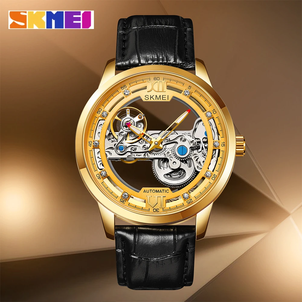 SKMEI Luxury Mechanical Watch Men Transparent Hollow Automatic Wrist Watch Male Waterproof Leather Strap Industrial Style Clock 20mm silicone wrist strap replacement for samsung galaxy watch4 classic 46mm 42mm watch4 44mm 40mm garmin move luxe move style move 3 move venu red