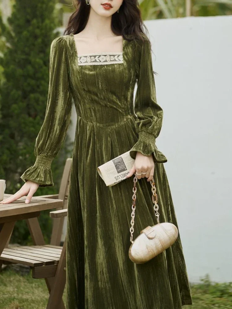 

Elegant Vintage Velvet Midi Dress Women Lace Patchwork Slim Korean Fairy Dress Female 2024 Spring Fashion Casual Party Dress Y2k