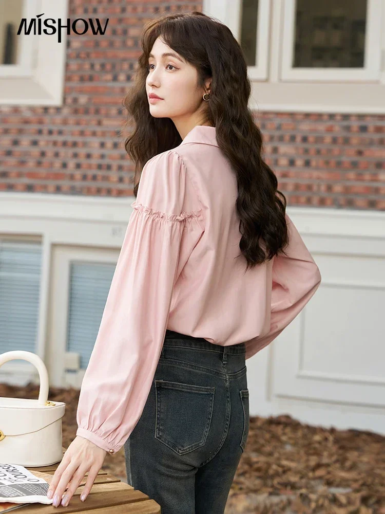 MISHOW Women's French Pink Shirt Autumn 2023 Polo Neck Lace-up Loose Single Breasted Top Puff Sleeve Casual Shirts MXC43C0087