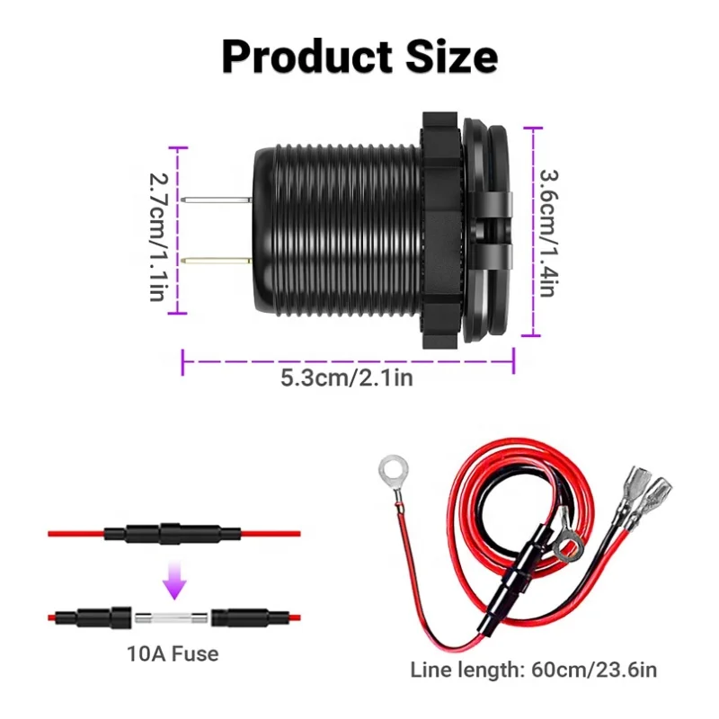 60W 방수 트리플 소켓 차량용 충전기 듀얼 QC3.0 USB + PD 타입-C 12-24V 알루미늄 컬러풀 라이트 RV 차량 보트 해양용