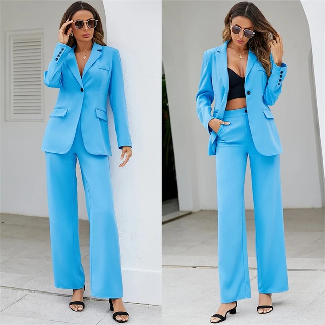 Casual Women Suit Set Blazer+Pants 2 Pcs Light Blue Sexy V Neck