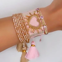 Mosengkw New Pink 3D Heart Miyuki Bracelet Set with Tassel Gold Color Zircon Crystal Bracelet Set for Women 1