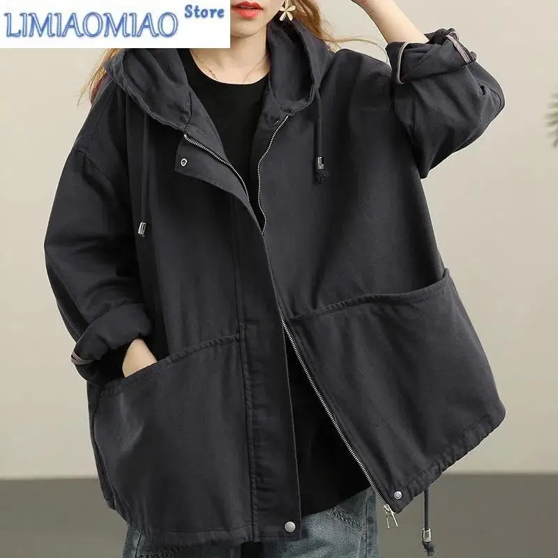 New Cotton Long Windbreaker Female Plus Size Spring Autumn Irregular Drawstring Korean Loose Hooded Windbreaker Female