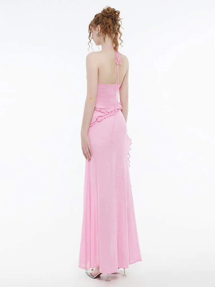 Nibber Sexy Lace-Up Halter Dress Women Lace Patchwork Tassel See Through Backless Side Slit Midnight Clubwear Party Vestidos