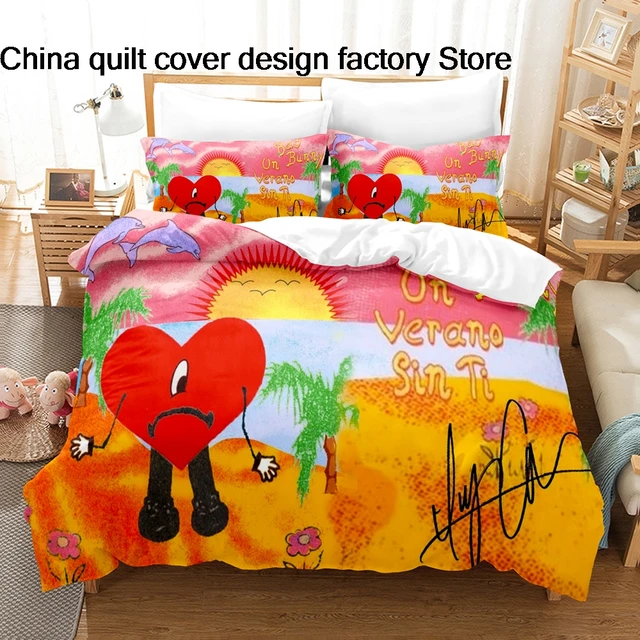Parure de lit Bad Bunny Un Verano Sin Ti, housse de couette imprimée plage d'été, toutes tailles personnalisables, textile, tailles Twin, Full, Queen, King 1