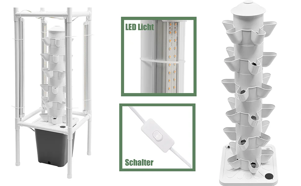 NEU 30 Löcher, bodenloses Wachstumssystem, Hydrokulturturm 6 Etagen, 10 l, großer Wassertank mit 4 LED-UV-Licht und Wasserpumpe (weiß) – Detail 5