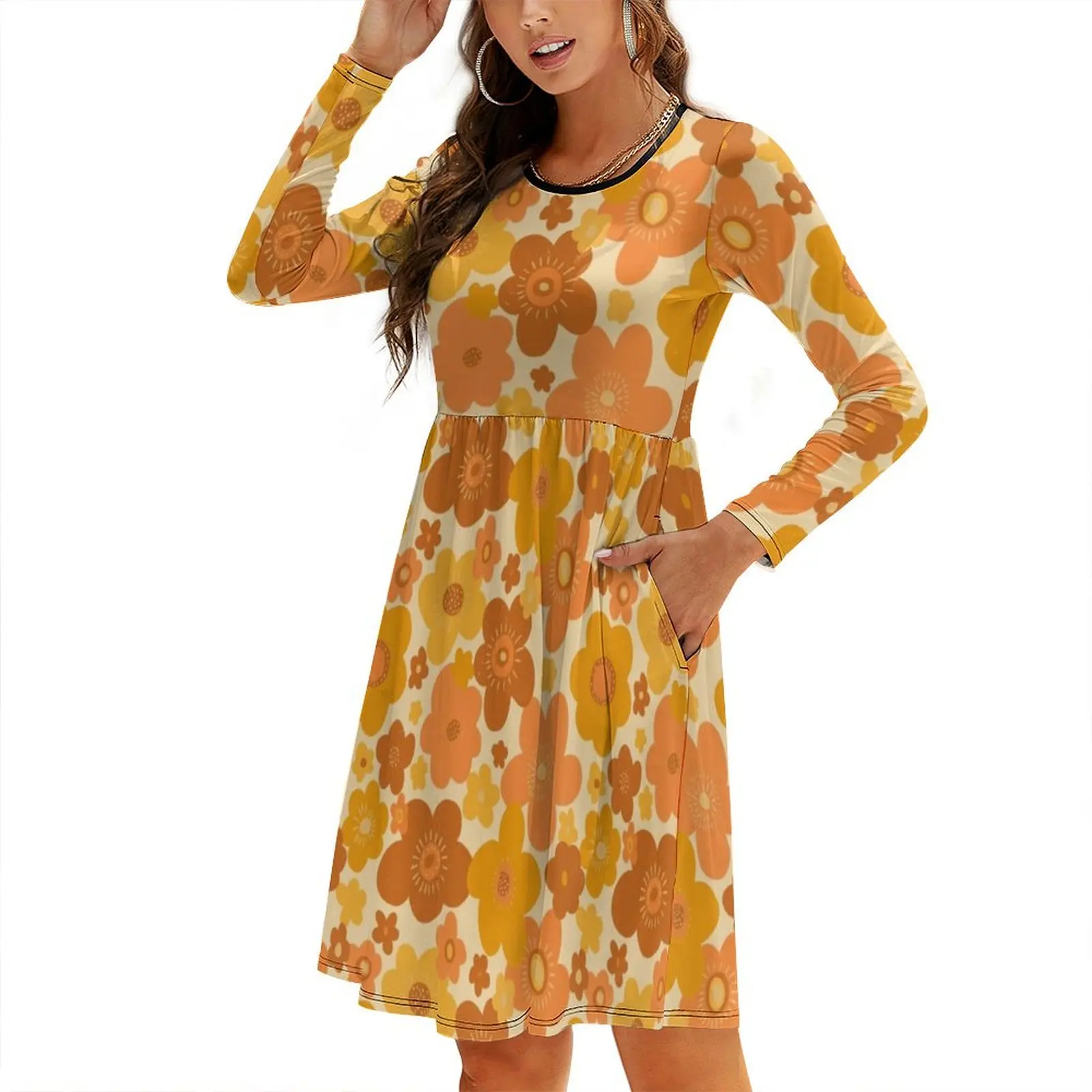 

Groovy 70s Retro Vintage Floral Pattern Round Neck Baggy Dress Summer skirt women dress