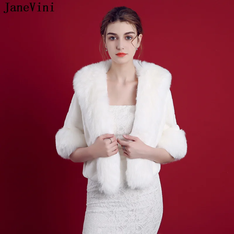 JaneVini 2022 White Bridal Jackets Capes for Wedding Dress Elegant Faux Fur Wrap with Sleeves Women Fur Shawl Bolero Coat Winter