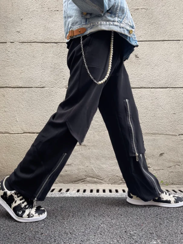 S-4XL!!2023 youth popular loose casual solid color youth black pants non-slim-fit men's pants trend 2 layers multi-zipper
