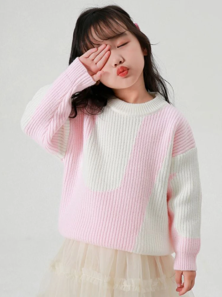 

2023 New Girls' Knitted Children's Sweater Autumn Coat Korean Long Sleeve Cute Top Simple Fashion 2-12 Year Old Baby's Clothing