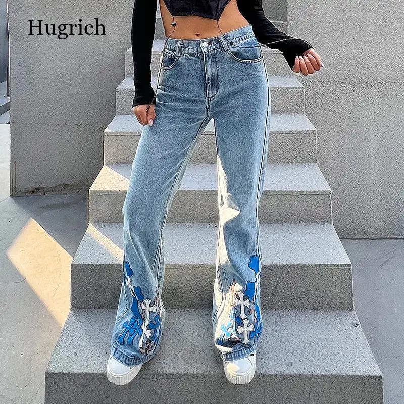 

Print Straight Denim Pants Jeans for Women New Fashion High Waist Flare Pants Jeans Casual Loose Wide Leg High Street Trousers