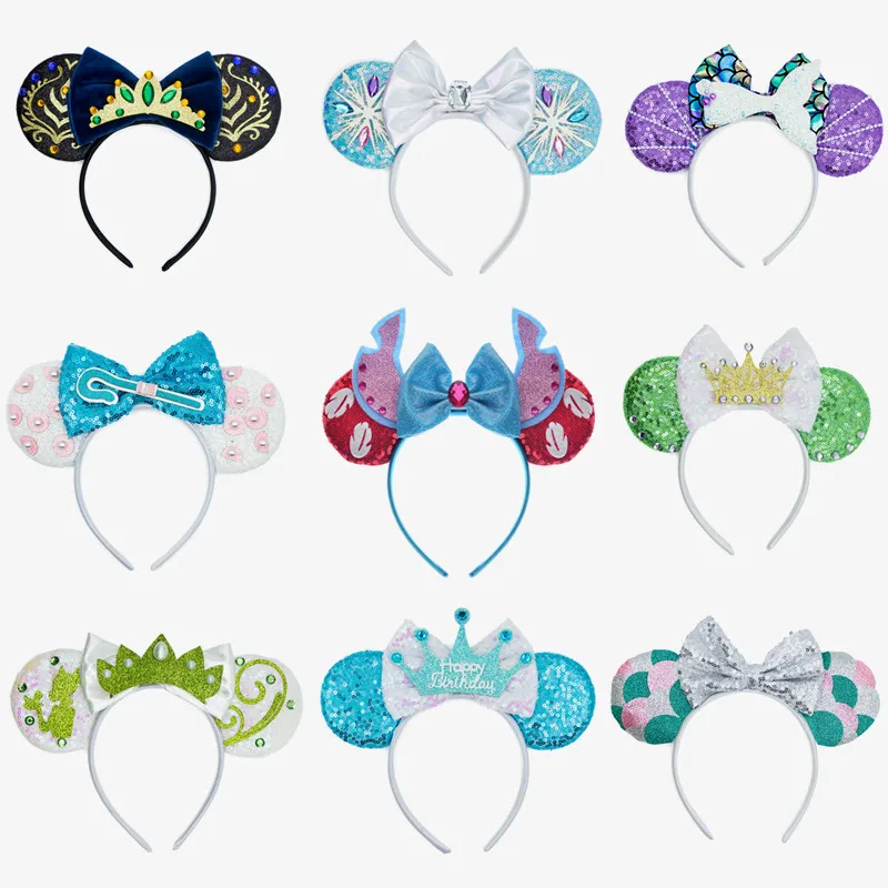 Princess Elsa Mermaid Tinker Bell Ears Headband for Kids Adults Sequin Bow Halloween Birthday Party Hairband Headwear Decoration