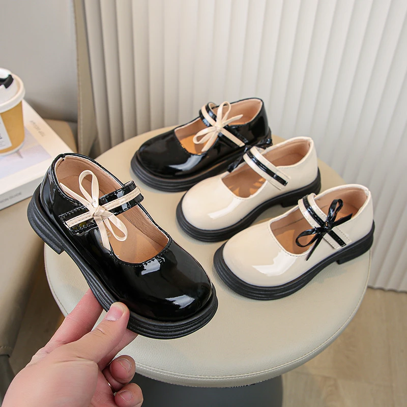 Leather Mary Jane Flats for Girls with Bowtie