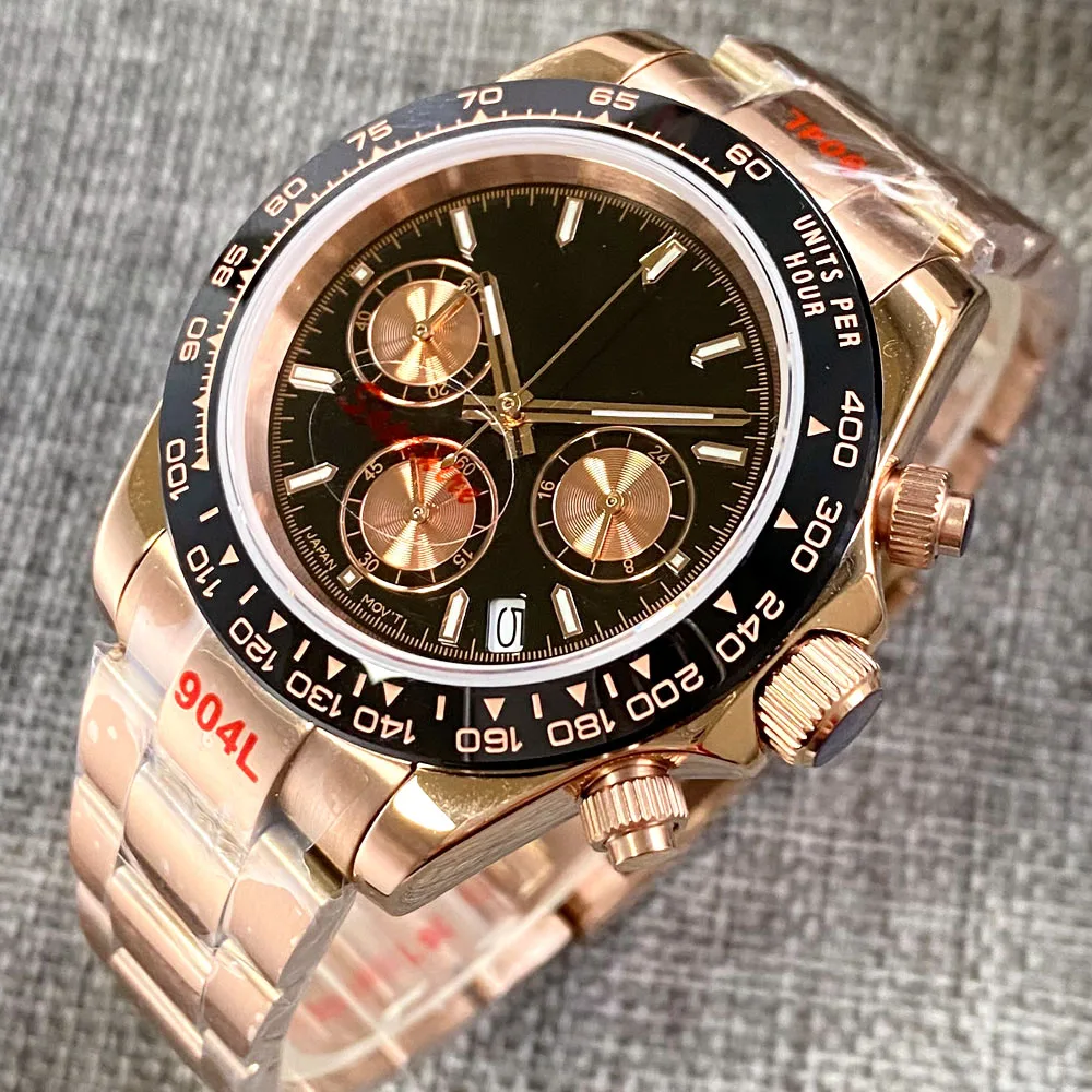 Speed Rose Gold Chronograph VK63 Steel Quartz Watch for Men Thee-eye Dial 904L Bracelet Customize Logo Clock Sport Timepiece