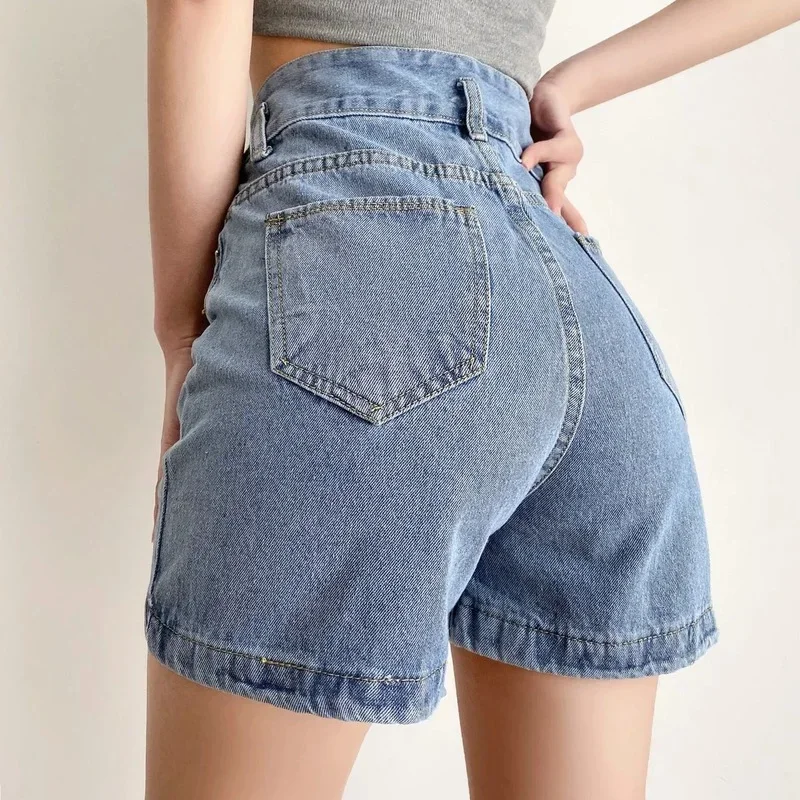 High Waist Vintage Denim Shorts Chic Summer 2023 New Loose Korean Fashion Y2k Straight Short Pants Blue Thin New Women's Clothes