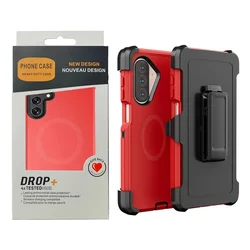 3IN1 Rugged Shockproof Defender Case with Rotatable Belt Clip and MagSafe Compatibility for Galaxy A57 5G (Black Red)