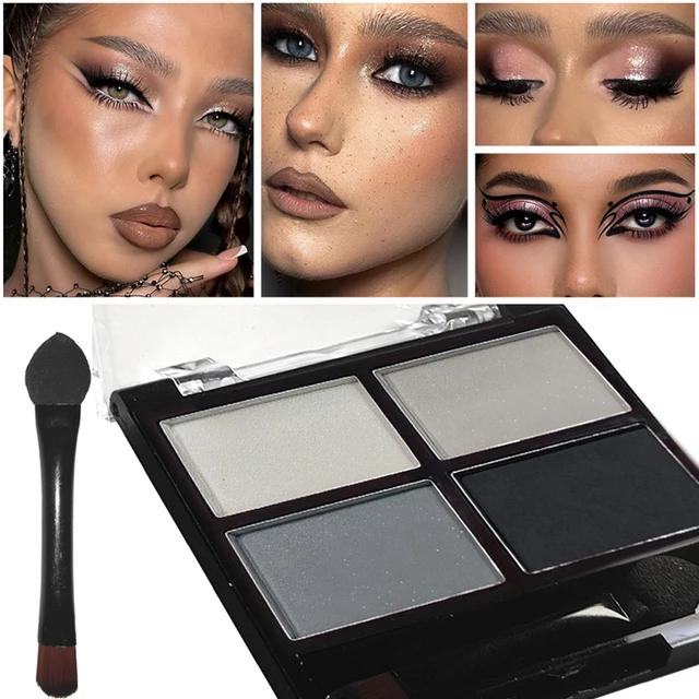 59117-91ea36.jpg 4Color Eyeshadow Palette Gray Black Smoky Makeup Matte Pearlescent Silkworm Brightening Base Eyes Primer Powder With Application