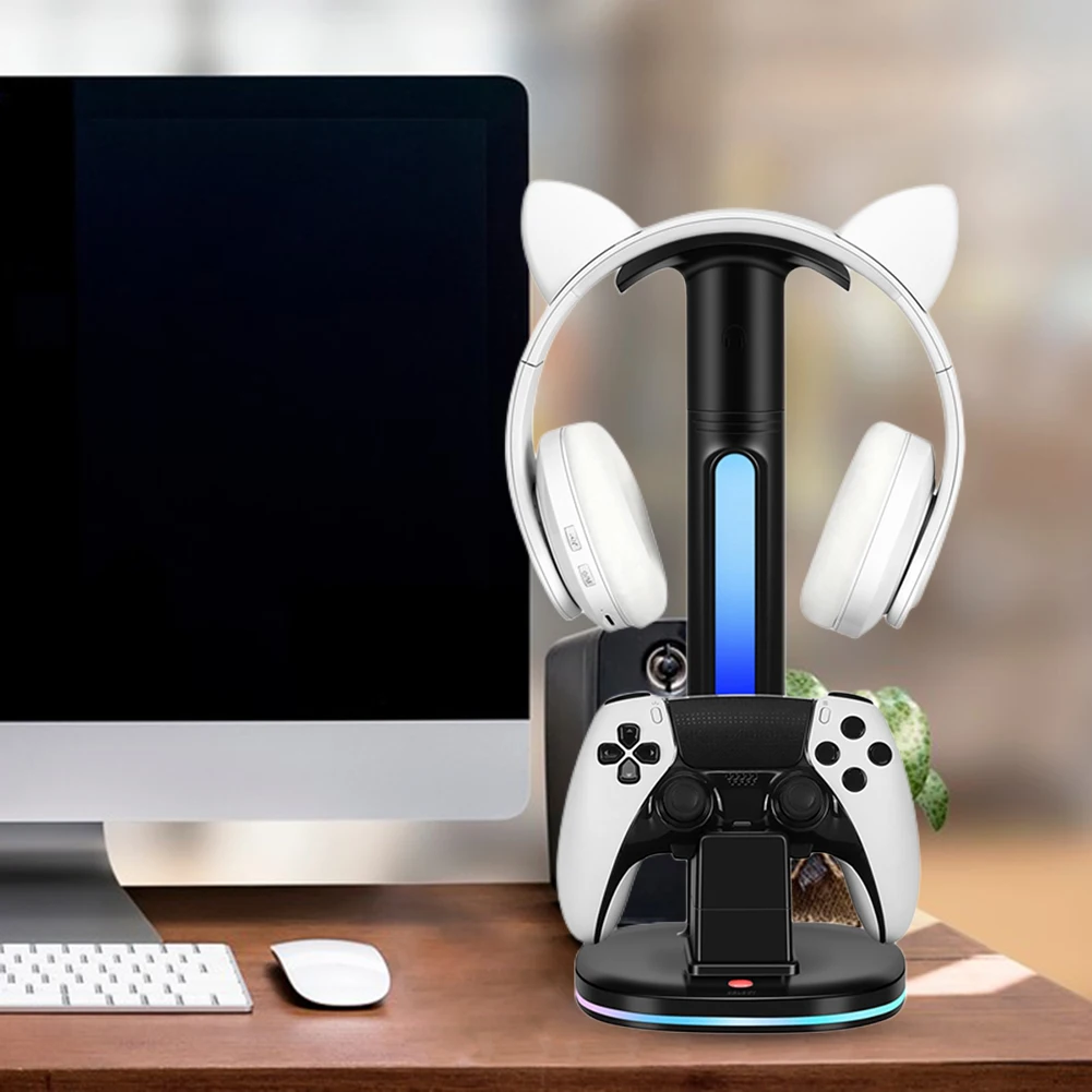 Station de charge PS5 avec support Casque, porte téléphone et lumière RGB