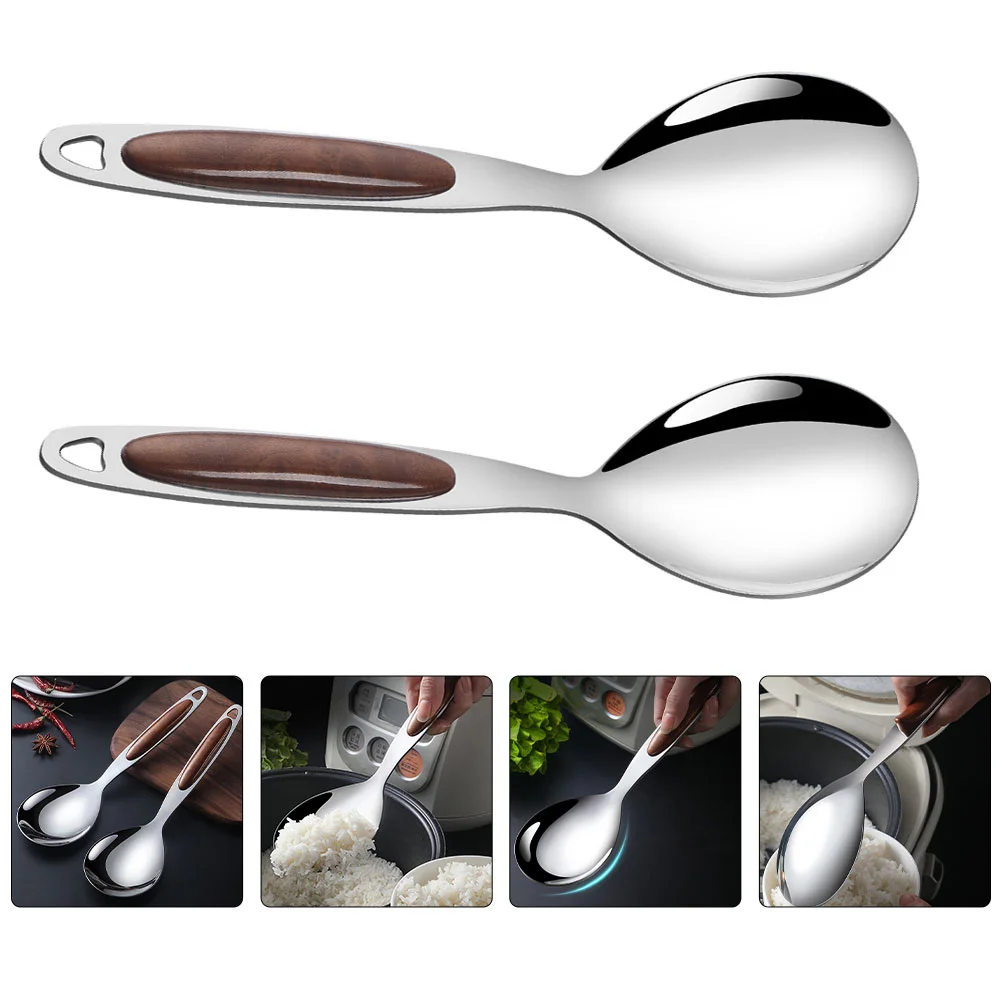 

2 Pcs Stainless Steel Rice Spoon Soup Spoons Kitchenware Food Western Serving Wood Tableware Universal Eating