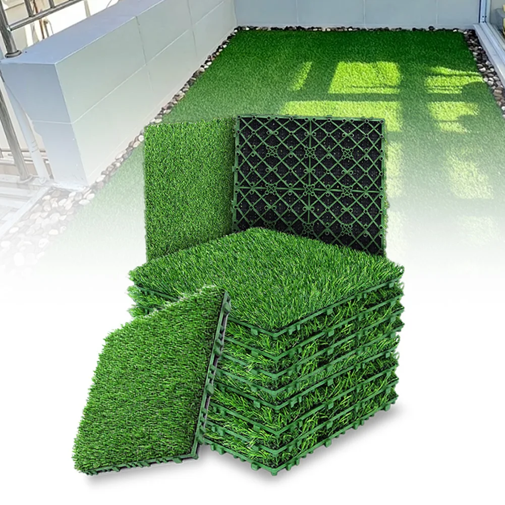 10 Pcs 12 Inchx12 Inch Realistic Grass Turf Tile Interlocking Square Artificial Grass Mat Grass Flooring Tiles for Garden Decor