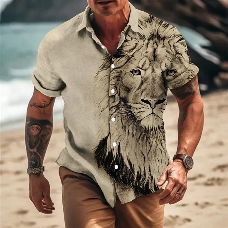 Hawaiian Men's Shirt 3D Animal Print Summer New And Women's Lion Pattern Short Sleeve Loose Large Breathable Top 2