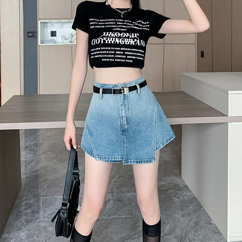 Gradient High Waist Design A-line Jeans Skirt for Women 2023 New Fashion Fake Two Piece Shorts Skirt Denim Shorts