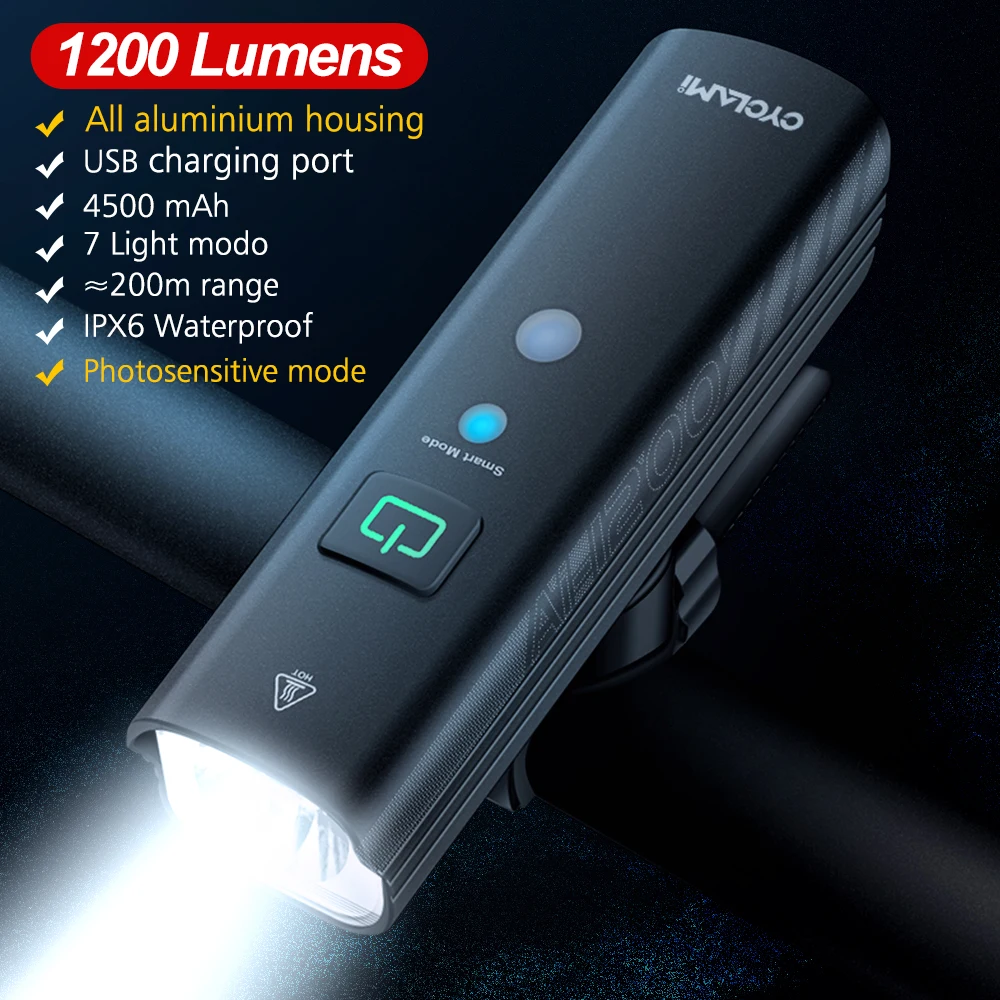 Bike Headlight CYCLAMI AI-1200 Bike Headlight MTB Doad Bicycle AI 1200 Lumens Front Lamp Auto Light Sensor Night Cycling Portable flashlight