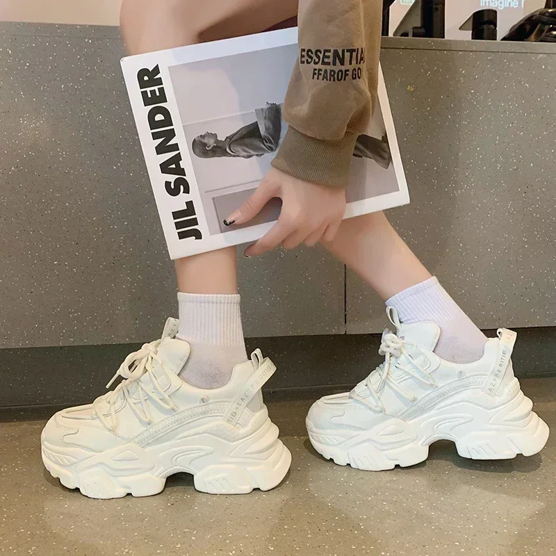 여성용 청키 스니커즈, 내부 증가 가죽, 캐주얼 화이트, 여성 신발, 트레이너 플랫폼 운동화, 신상