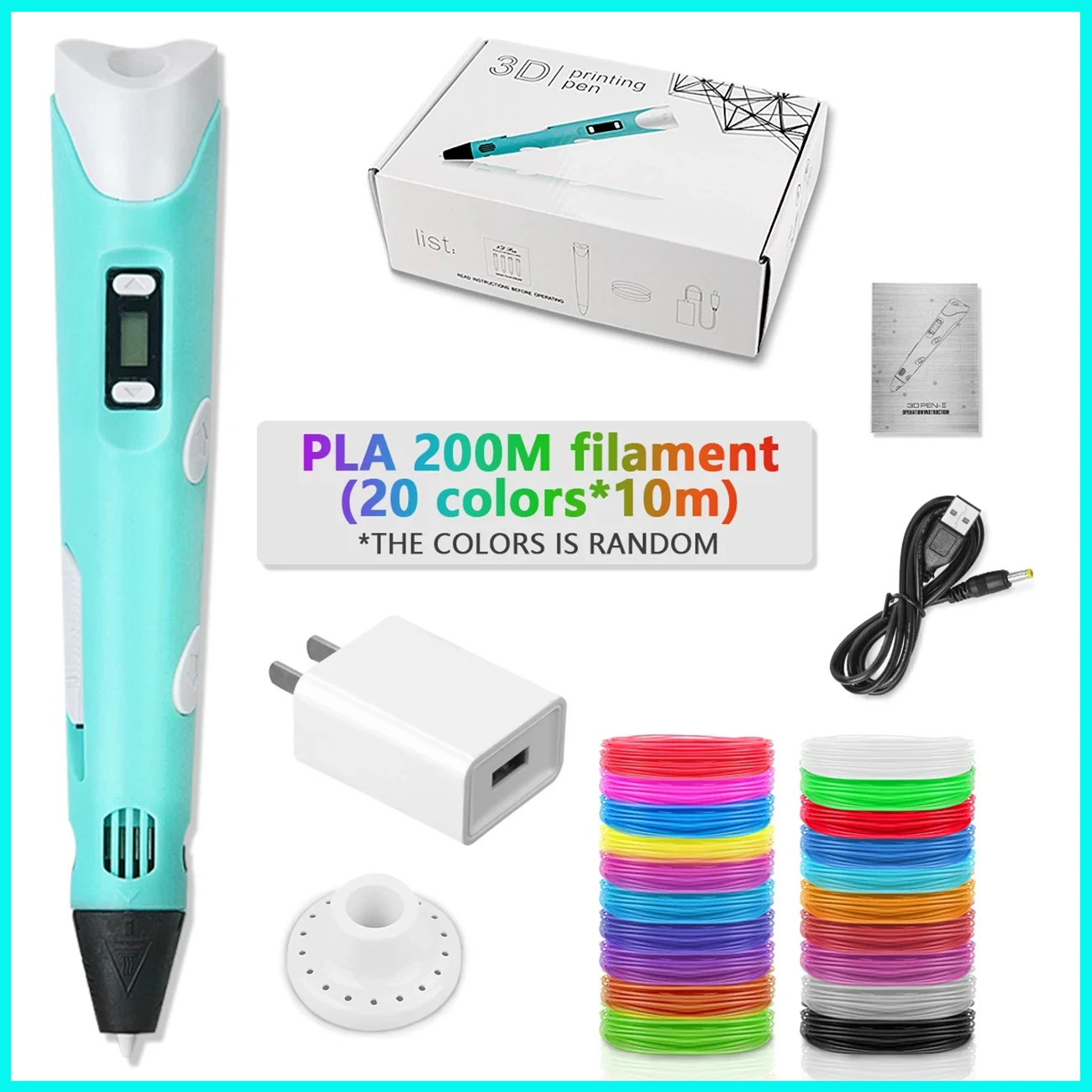 1 Set 3d Pen LCD Screen DIY 3D Printing Pen 200m PLA Filament Creative Toy Gift For Kids Design Drawing Children Gift