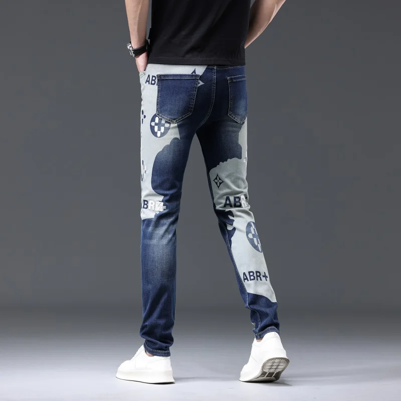 Color Matching Printed Jeans Men's Trend Fashion Street Quality Men's Personalized Embroidery Slim-Fit Stretch Trousers