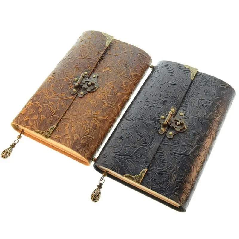 Caderno de Viagem de Couro Macio com Padrão em Relevo Fechadura e Chave Diário Bloco de Notas Papel para Negócios Esboçando Escrita Suprimentos Presente - Imagem 2