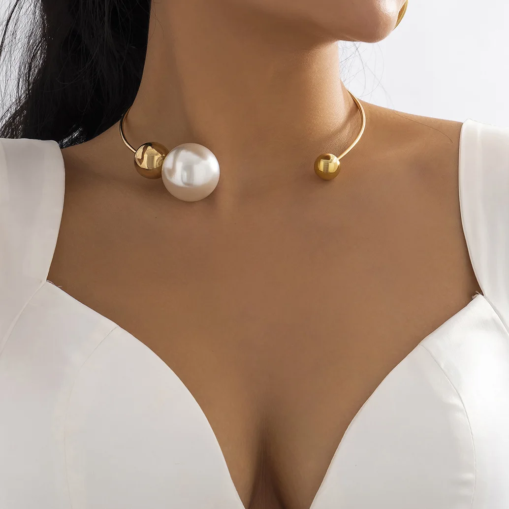 Metal Choker Necklace DIEZI Fashion Imitation Pearl Torques Gold Silver Color For Women