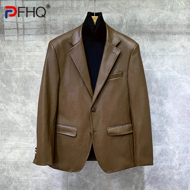 

PFHQ Men's Leather Suit Coat Business Single Breasted Solid Color Autumn Pockets Temperament Avant-garde Leisure Blazers 21Z2619