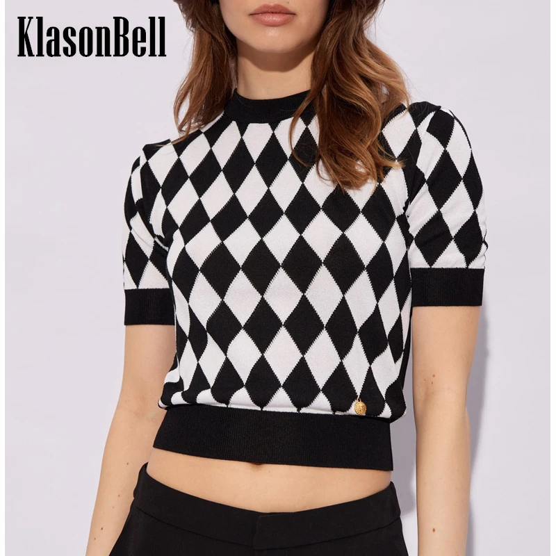 

5.27 KlasonBell Fashion Simple Argyle Plaid Contrast Color O-Neck Short Sleeve Tee Stretch Knitted Comfortable Women T-Shirt