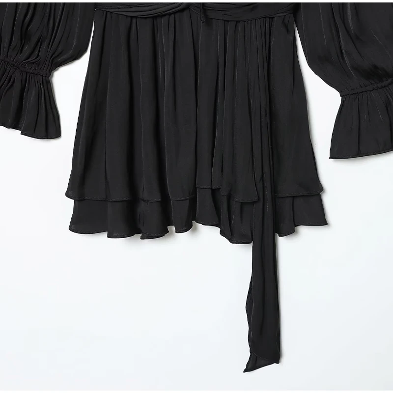 Rückenfreies, gebundenes Damen-Minikleid, einfarbig, V-Ausschnitt, hohle Taille, geraffte Flare-Ärmel-Kleider, Dame, 2026, Frühling, weibliche Party-Roben – Detail 6