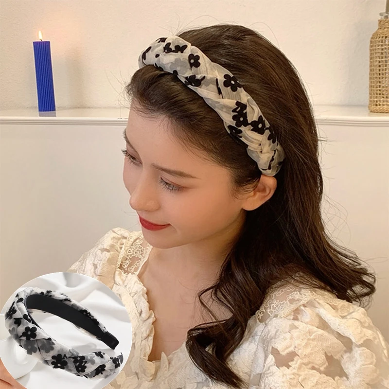 

CHIMERA Large Wide Edge Hairband Elegant Chiffon Printed Woven Twist Braid Headband for Women Headdress Acrylic Fabric Hair Hoop