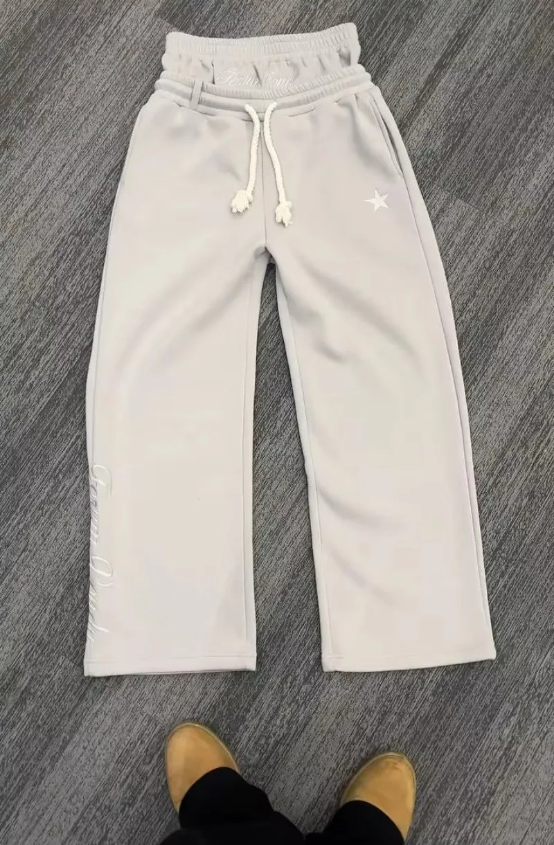 Y2K Harajuku Retro Baggy Double Waist Sports Pants Street Hip Hop Pop Letters Embroidered Casual Pants Drawstring Waist Jogging 2