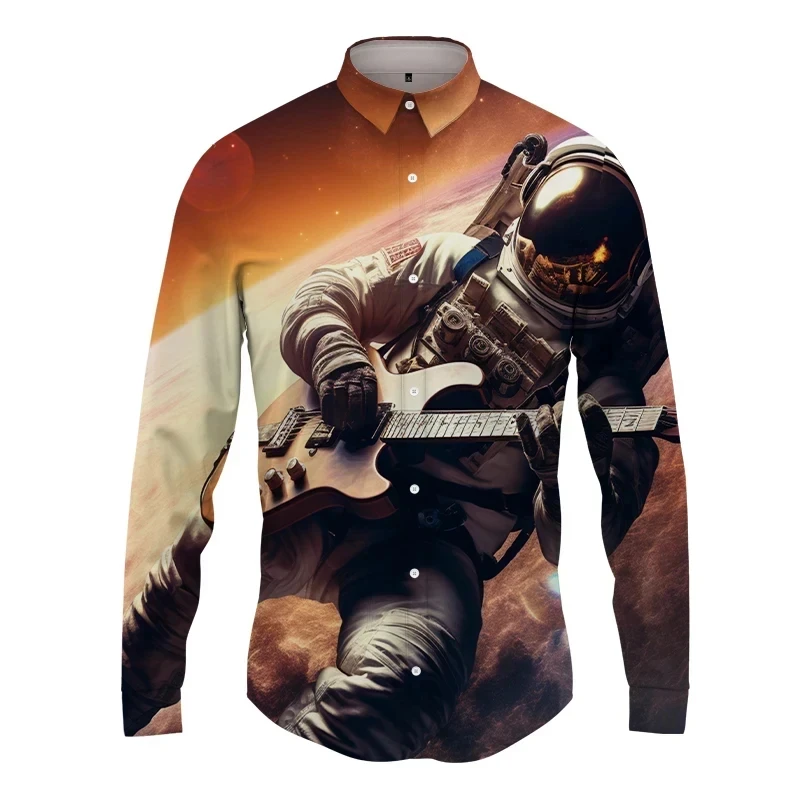 thumbnail image 1 of Camisetas con estampado 3D de astronauta espacial para hombre, camisetas casuales de manga larga con botones, ropa de calle, blusa de gran tamaño para hombre, 1 of 5