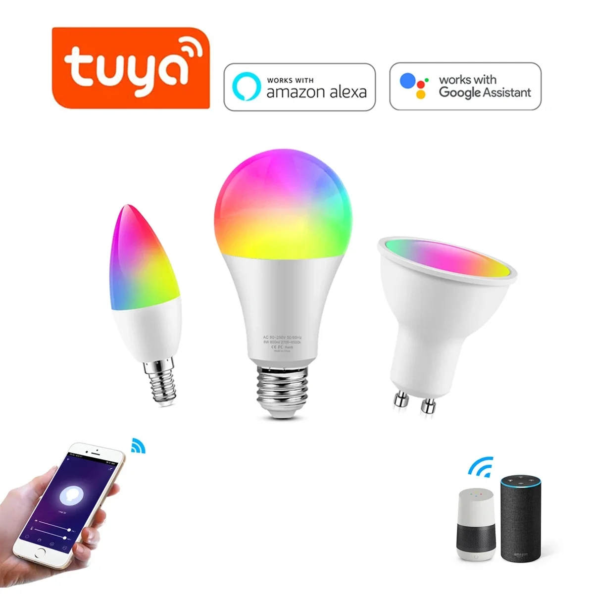 AC220V EU Standard Smart TUYA RGB Bulbs Home Deco E27-Globe E14-Candle GU10-Spotlight Lamp Support Alexa Google Home APP Control