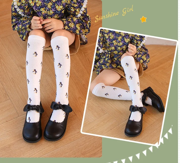 

Kids Girls Cotton Little Penguin Embroidery Keen High Socks Infant Child Calf Socks Baby Long Tube Stockings Freeshipping