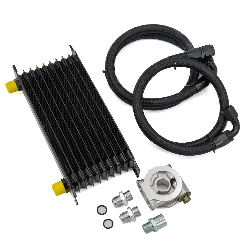 Oil Cooler Kit 10 Rows Transmission Oil Filter Adapter Nylon Stainless Steel Braided Hose Thermostat Adapter