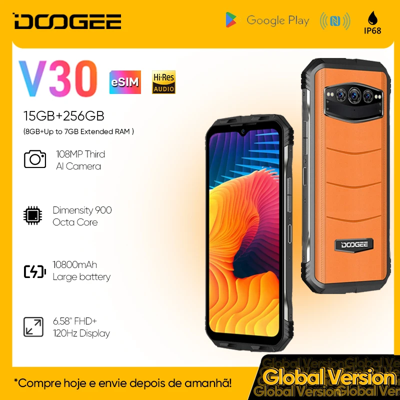 DOOGEE V30 (2023) Rugged Smartphone 5G, 8GB+256GB, 6.6'' FHD+ 120Hz  Display, 10800mAh 66W, Night Vision Camera, Dimensity 900 5G, Android 12  Dual SIM Waterproof Phone, NFC eSIM (Orange) : : Electrónicos