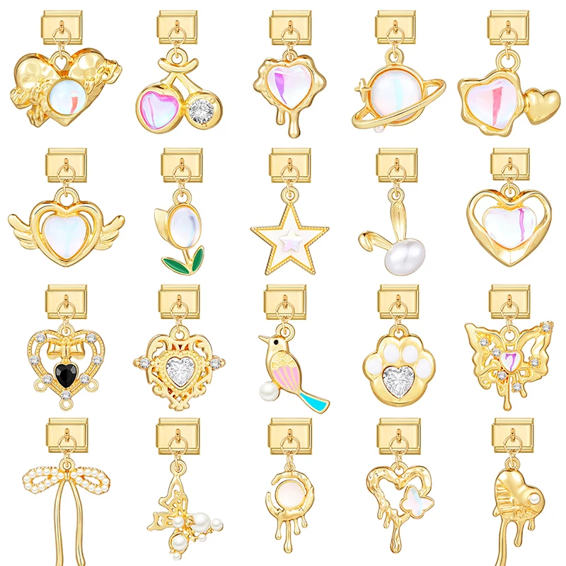 Golden Color Colored Zircon Butterfly Bird Love Heart Italian Charm Links for 9mm Bracelet Stainless Steel Diy Jewelry Making bracelet charm links