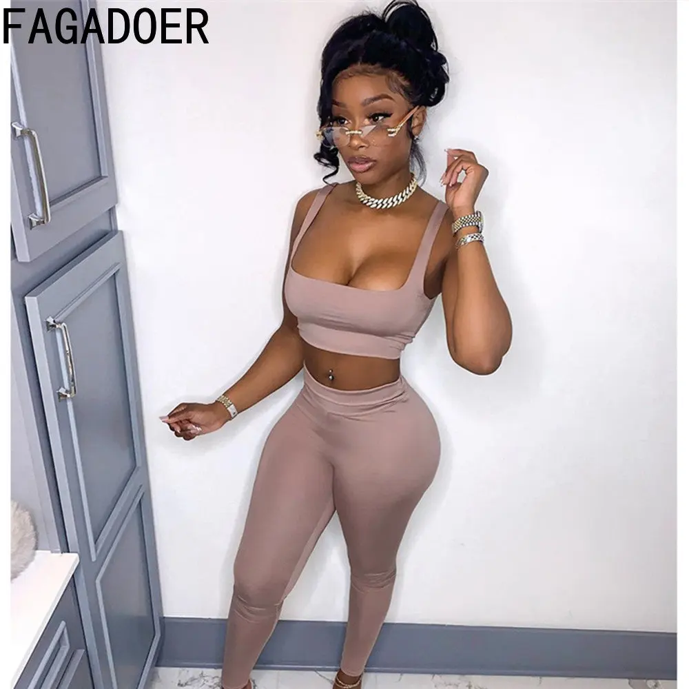FAGADOER Summer Solid Color Sporty Two Piece Sets Women Strap Crop Vest And Legging Pants Tracksuits Casual Matching 2pcs Outfit