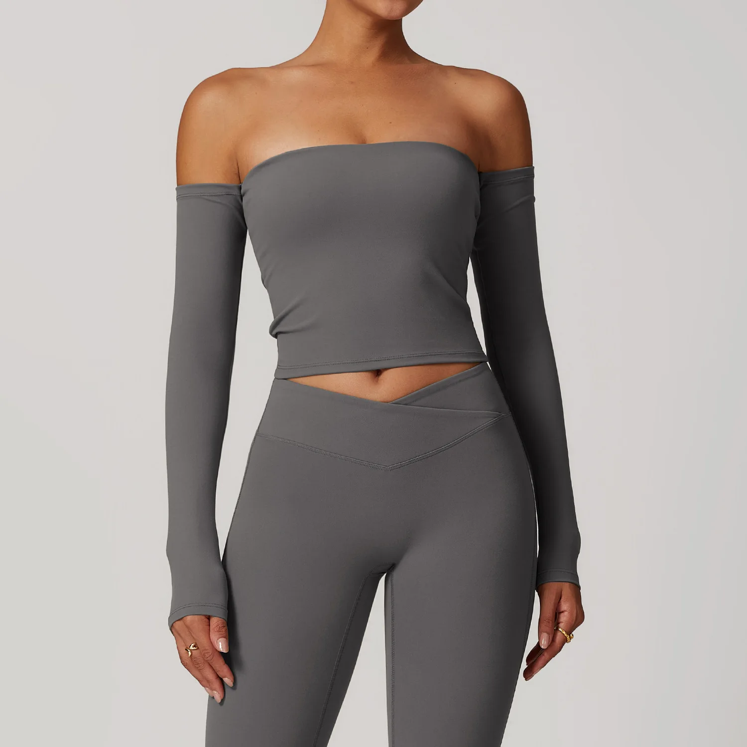 Women Yoga Long Sleeve Shirt Female Fitness Sportswear Gym Clothing Workout Sexy Off Shoulder Crop Top Active Wear Clothes