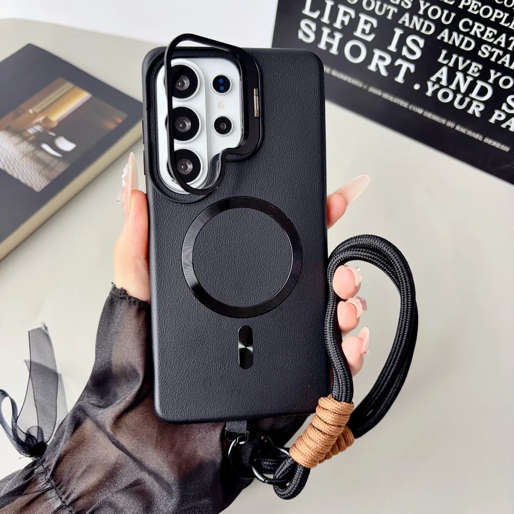 Leather Textured Wrist Strap Case with Metal Lens Bracket and Magnetic Ring Cover